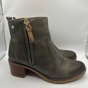 PIKOLINOS Womens Llanes Leather Ankle Boots w Zipper Size 39 (8.5-9) Chunky Heel